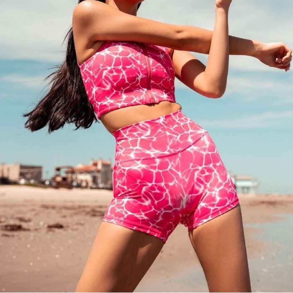 {Buffbunny} "Citrus" High Waist Mini Biker Shorts Hot Pink White Marble Pattern